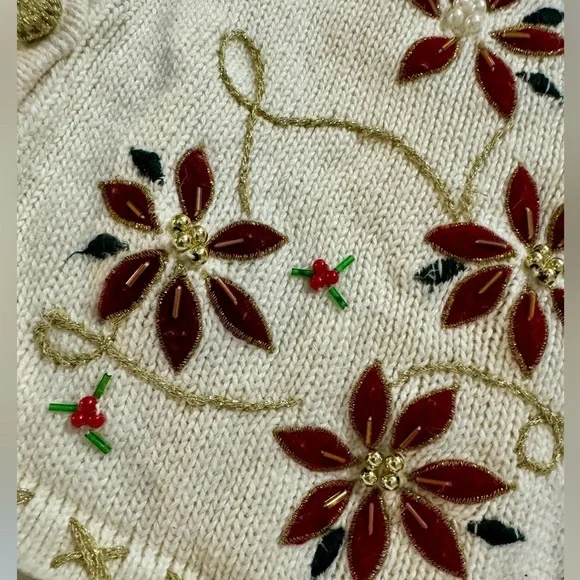 Vintage Ugly Christmas Sweater Vest Beaded Grandma Poinsettia Embroidered - Picture 3 of 15